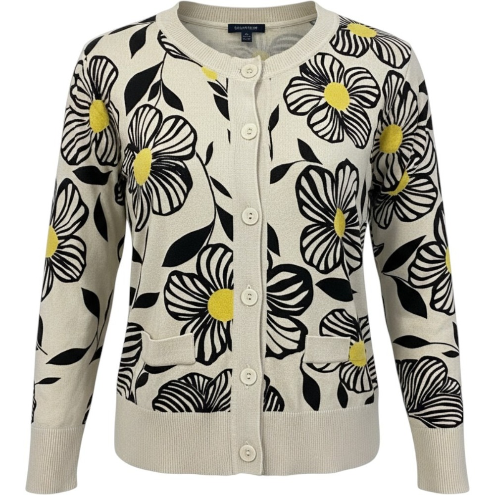 Tommy Hilfiger Womens XL Floral Graphic Button Front Cardigan Yellow Blk Floral